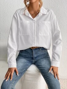 SHEIN Tall Dual Pocket Drop Shoulder Shirt - White - View 2