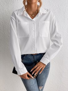 SHEIN Tall Dual Pocket Drop Shoulder Shirt - White - View 4