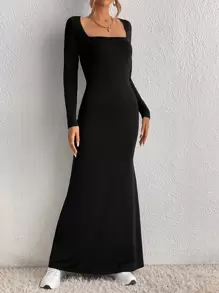 SHEIN Tall 方領魚尾裙下擺連衣裙 - 黑色 - 查看 5