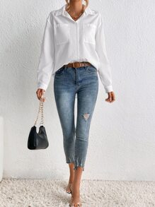 SHEIN Tall Dual Pocket Drop Shoulder Shirt - White - View 5