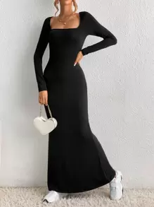SHEIN Tall 方領魚尾裙下擺連衣裙 - 黑色 - 查看 3