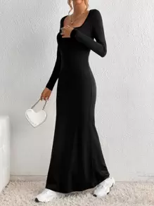 SHEIN Tall 方領魚尾裙下擺連衣裙 - 黑色 - 查看 4