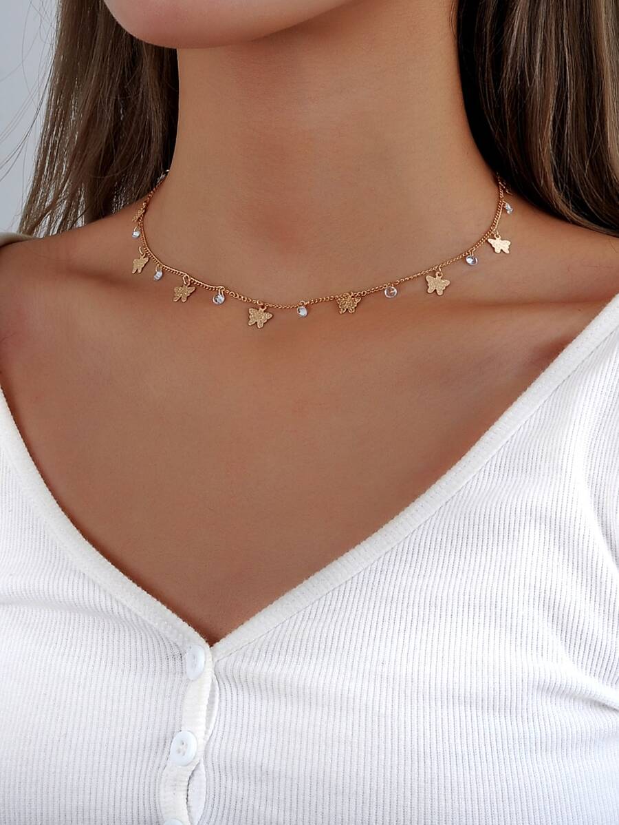 方晶鋯石和蝴蝶墜飾項鍊 - 金黃色 - 查看 1