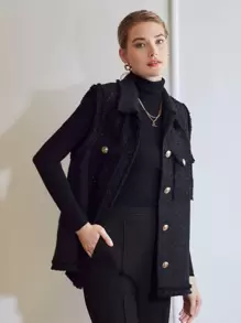 MOTF PREMIUM Áo khoác ngoài nữ Túi Nút phía trước màu trơn Thanh lịch - màu đen - Xem 2