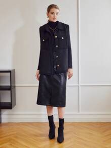 MOTF PREMIUM Áo khoác ngoài nữ Túi Nút phía trước màu trơn Thanh lịch - màu đen - Xem 7