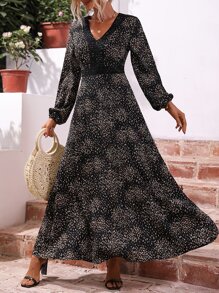 SHEIN LUNE Allover Print Guipure Lace Insert Lantern Sleeve Dress - Black - View 1