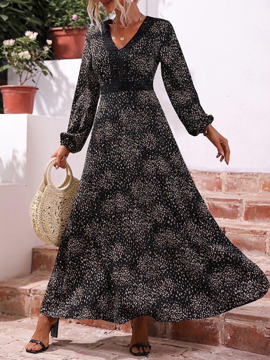 SHEIN LUNE Allover Print Guipure Lace Insert Lantern Sleeve Dress - Black - View 1