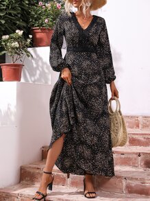 SHEIN LUNE Allover Print Guipure Lace Insert Lantern Sleeve Dress - Black - View 5