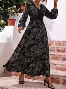 SHEIN LUNE Allover Print Guipure Lace Insert Lantern Sleeve Dress - Black - View 6