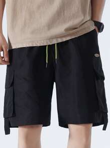 Manfinity Hombres Shorts con bolsillo con solapa de cintura con cordón cargo - Negro - Ver 1