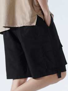 Manfinity Hombres Shorts con bolsillo con solapa de cintura con cordón cargo - Negro - Ver 2