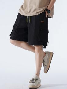 Manfinity Hombres Shorts con bolsillo con solapa de cintura con cordón cargo - Negro - Ver 5