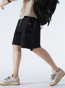 Manfinity Hombres Shorts con bolsillo con solapa de cintura con cordón cargo - Negro - Ver 6