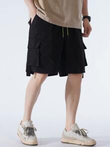 Manfinity Hombres Shorts con bolsillo con solapa de cintura con cordón cargo - Negro - Ver 7