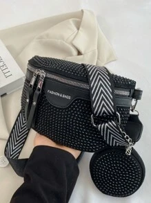 Letter Graphic Rhinestone Decor Fanny Pack With Coin Purse - Black - View 4