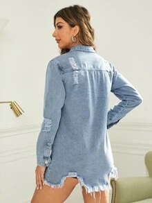 破洞毛邊緣牛仔外套 - 淺色水洗藍 - 查看 2