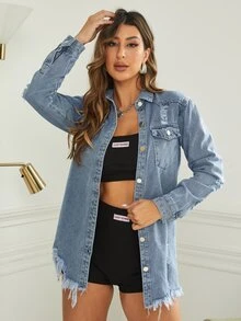 破洞毛邊緣牛仔外套 - 淺色水洗藍 - 查看 4