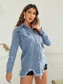 破洞毛邊緣牛仔外套 - 淺色水洗藍 - 查看 5