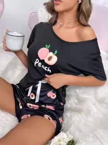 Conjunto de pijama con letra & con estampado de fruta con lazo delantero - Negro - Ver 1