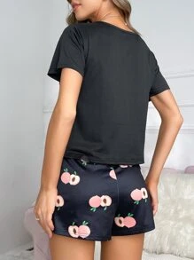 Conjunto de pijama con letra & con estampado de fruta con lazo delantero - Negro - Ver 2