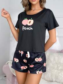 Conjunto de pijama con letra & con estampado de fruta con lazo delantero - Negro - Ver 3