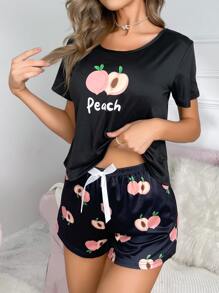 Conjunto de pijama con letra & con estampado de fruta con lazo delantero - Negro - Ver 4
