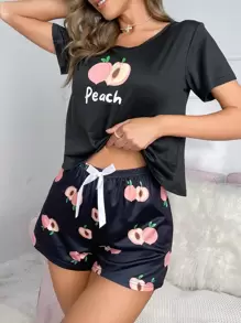 Conjunto de pijama con letra & con estampado de fruta con lazo delantero - Negro - Ver 5