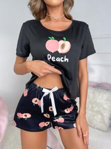 Conjunto de pijama con letra & con estampado de fruta con lazo delantero - Negro - Ver 6