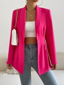 Chiquease Shawl Collar Single Button Plicated Detail Blazer - Hot Pink - View 3