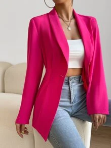 Chiquease Shawl Collar Single Button Plicated Detail Blazer - Hot Pink - View 4