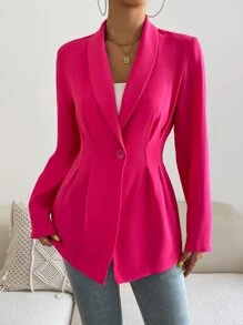 Chiquease Shawl Collar Single Button Plicated Detail Blazer - Hot Pink - View 5