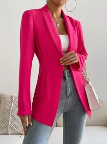 Chiquease Shawl Collar Single Button Plicated Detail Blazer - Hot Pink - View 6