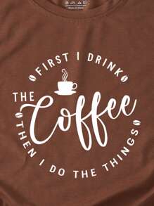 INAWLY 咖啡和标语图案 T 恤 我第一次喝咖啡时会做的事情 - 咖啡棕 - 查看 3