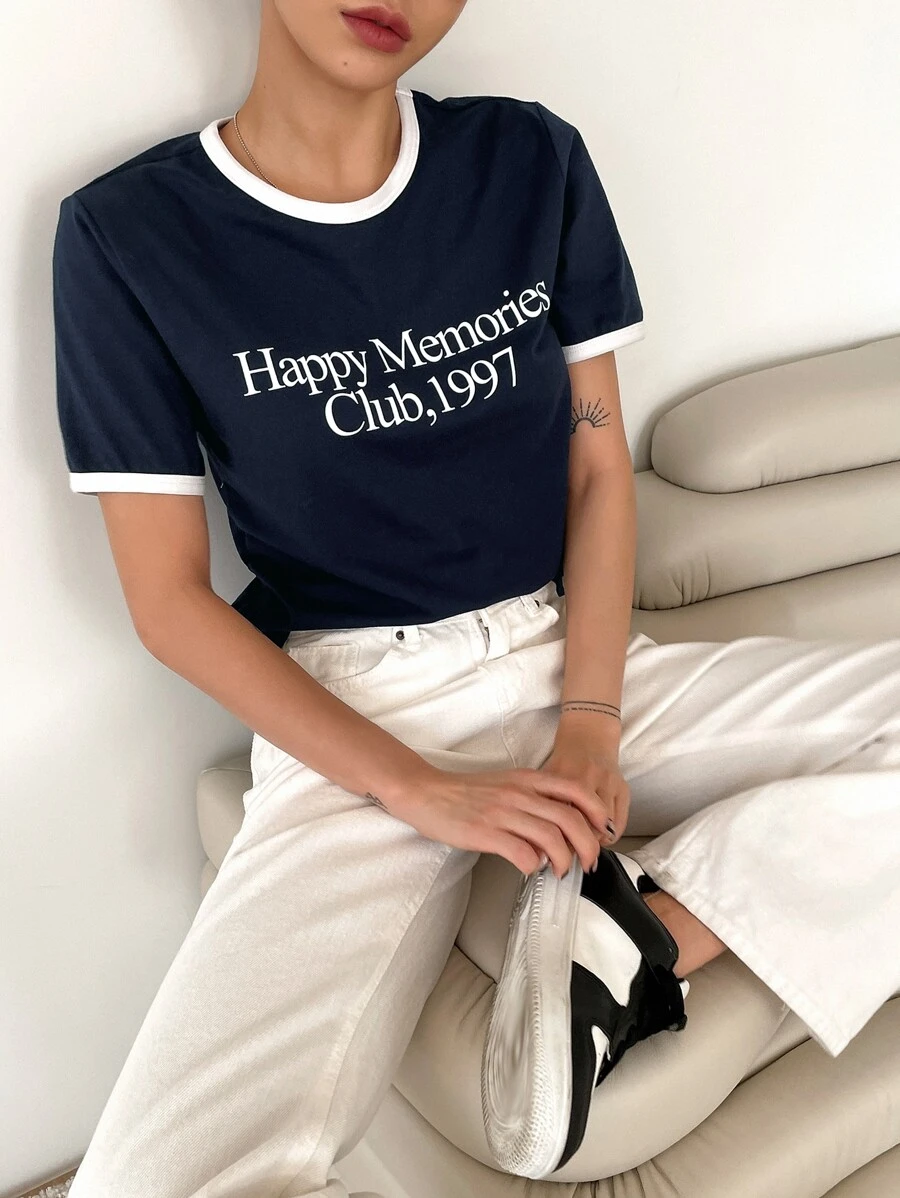 DAZY Đồ họa Chữ cái Áo phông ràng buộc màu tương phản - Màu xanh hải quân - Xem 1