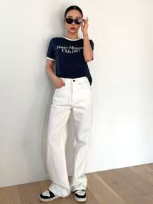 DAZY Đồ họa Chữ cái Áo phông ràng buộc màu tương phản - Màu xanh hải quân - Xem 5