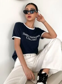 DAZY Đồ họa Chữ cái Áo phông ràng buộc màu tương phản - Màu xanh hải quân - Xem 6