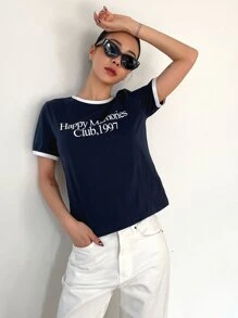 DAZY Đồ họa Chữ cái Áo phông ràng buộc màu tương phản - Màu xanh hải quân - Xem 7