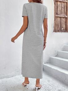 Breezaya Heart & Striped Print Split Hem Tee Dress - Black and White - View 3
