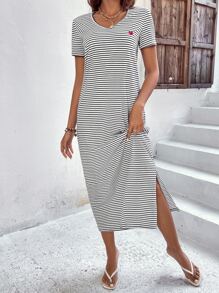 Breezaya Heart & Striped Print Split Hem Tee Dress - Black and White - View 5