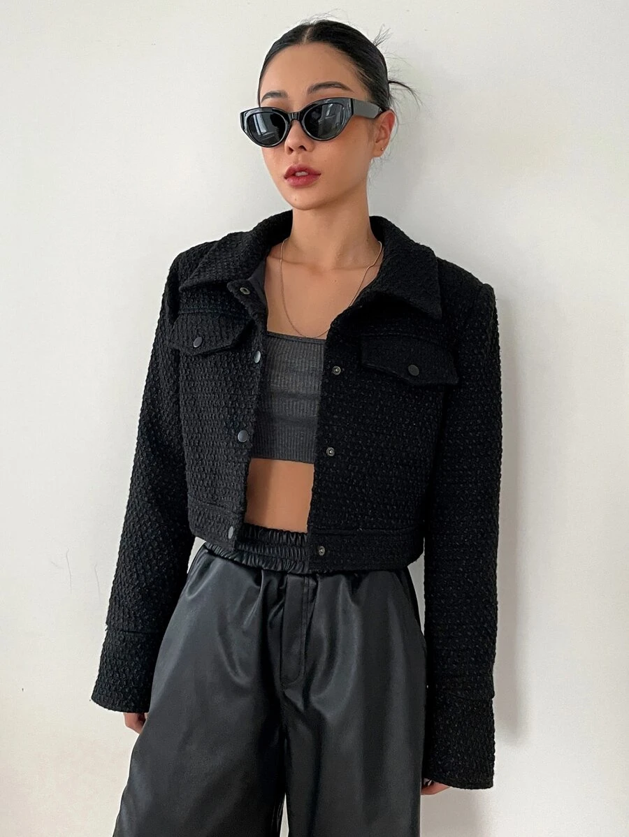 DAZY Flap Detail Crop Jacket - Black - View 1