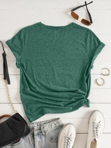 SHEIN LUNE Heart And Slogan Graphic Tee - Dark Green - View 2