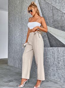 Chiquease 側打結褶皺長褲 - 卡其色 - 查看 4