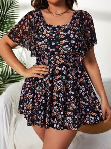 Swim Lushoire Conjunto de tankini con estampado floral de ditsy, vestido de baño de manga corta con vuelo y bottom de talle alto, traje de baño separado de 2 piezas - Multicolor - Ver 3