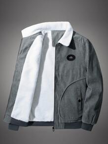 Men Patched Detail Teddy Lined Corduroy Coat - Grey - View 1