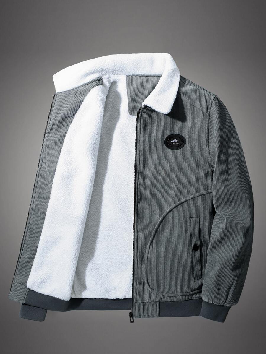 Men Patched Detail Teddy Lined Corduroy Coat - Grey - View 1