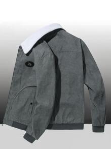 Men Patched Detail Teddy Lined Corduroy Coat - Grey - View 2