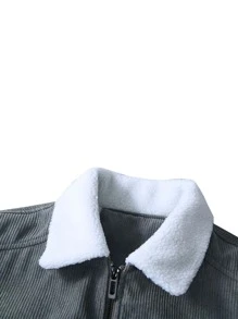 Men Patched Detail Teddy Lined Corduroy Coat - Grey - View 3