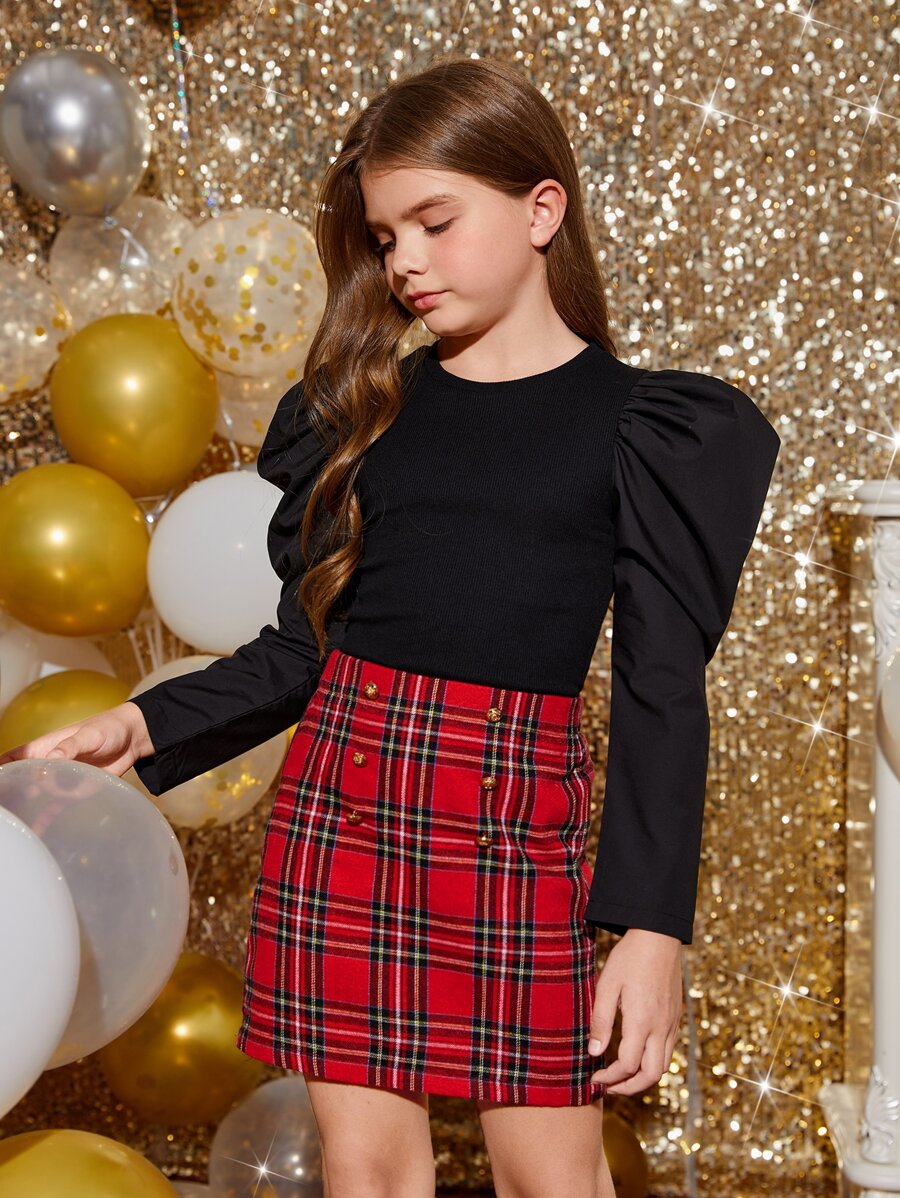 SHEIN 女孩羊腿袖上衣和蘇格蘭格紋裙子套裝