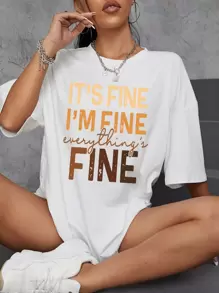 SHEIN EZwear Camiseta amplia con estampado de slogan de hombros caídos - Blanco - Ver 1
