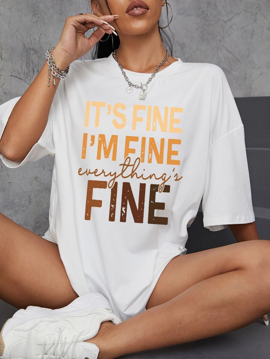 SHEIN EZwear Camiseta amplia con estampado de slogan de hombros caídos - Blanco - Ver 1